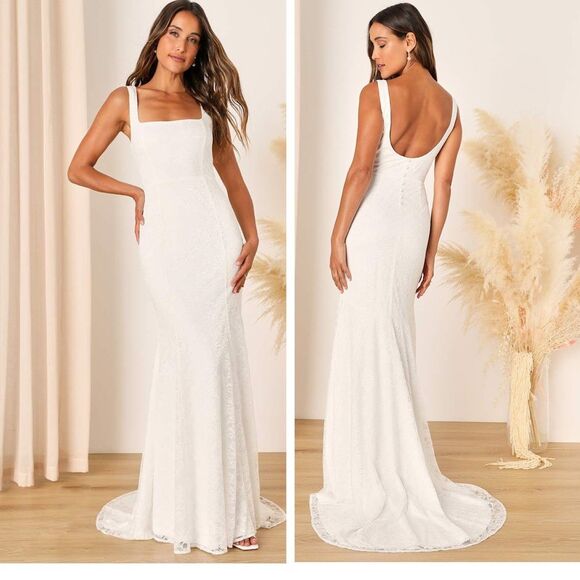 Lulus Eternal Happiness White Lace Square Neck Mermaid Maxi Dress Medium Bridal - Picture 1 of 9